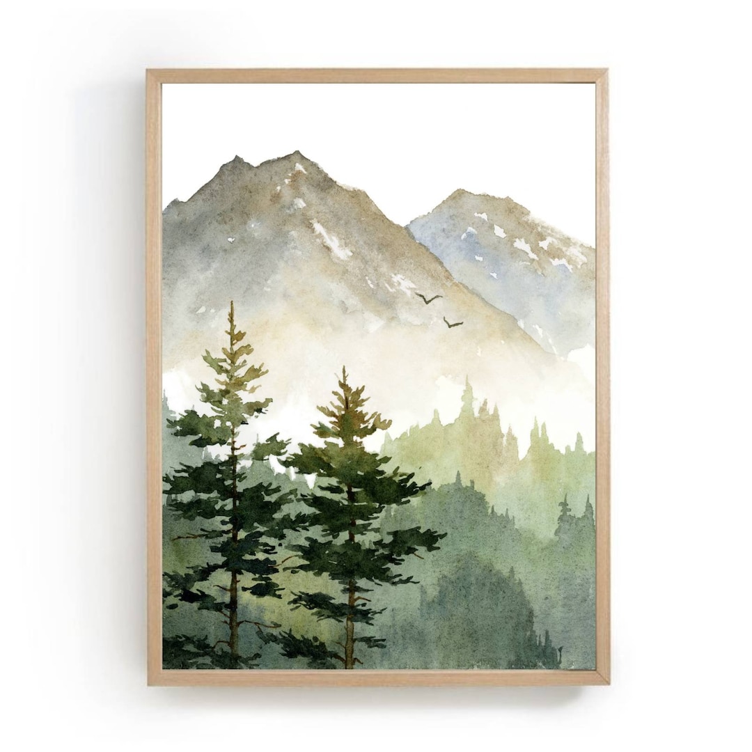 Mountain Forest Watercolor Painting Pine Tree Wall Art Minimalist Art ...