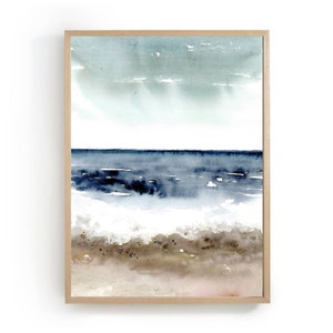 Acuarela Pinturas Mar Azul Oscuro Art Print, Ocean Wave Beach Landscape Wall Art, Abstract Art Lake Minimalist, Zelanda