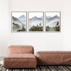 Blue mountain wall art set Mountain forest art prints Panoramic landscape Watercolor painting print 3 piece Minimalist wall decor image 6