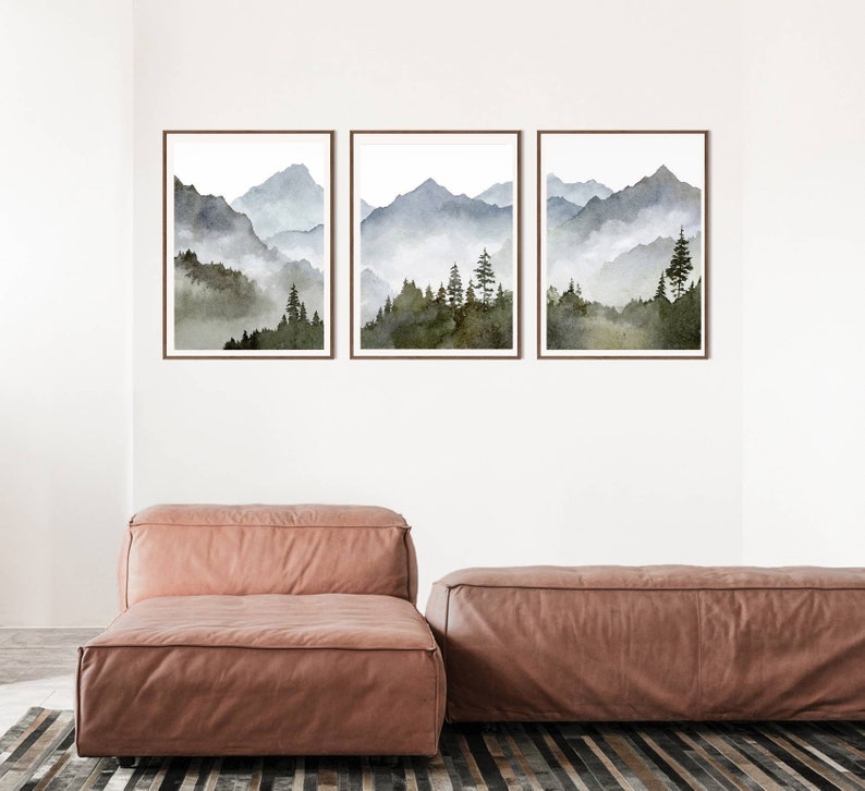 Blue mountain wall art set Mountain forest art prints Panoramic landscape Watercolor painting print 3 piece Minimalist wall decor image 6