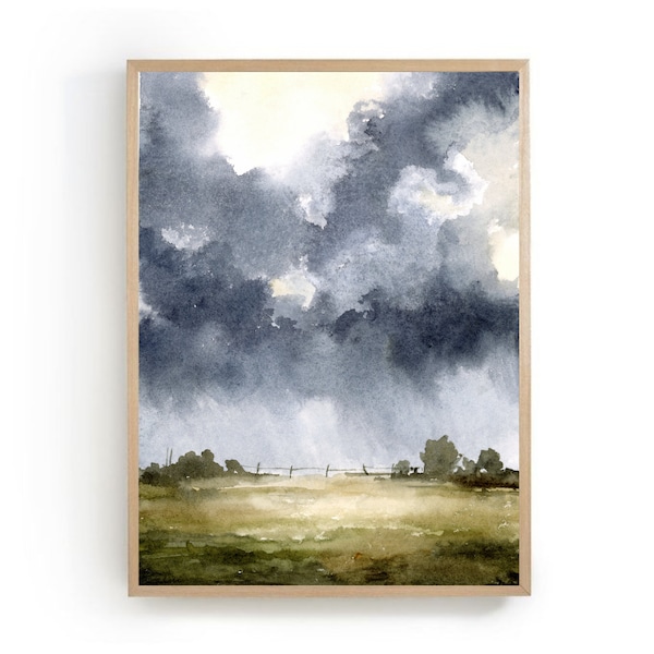 Regenwolken aquarel schilderij print zomer landschap indigo blauw beige landhuis decoratie wolken schilderij moderne kunst veld in de regen poster