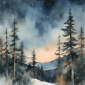 May include: A watercolor painting of a snowy forest scene with tall pine trees and a winding path leading into the distance. The sky is a deep blue with scattered gold stars.
