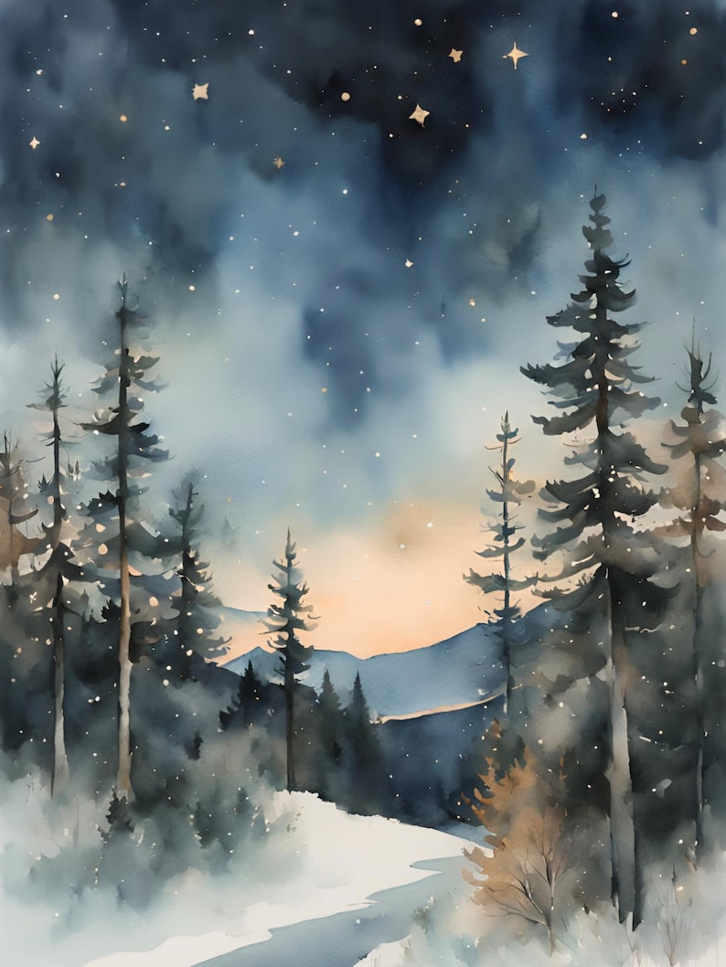 May include: A watercolor painting of a snowy forest scene with tall pine trees and a winding path leading into the distance. The sky is a deep blue with scattered gold stars.