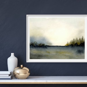 Misty forest print watercolor pine tree wall art watercolor landscape painting large neutral wall decor dark forest painting blue beige image 5