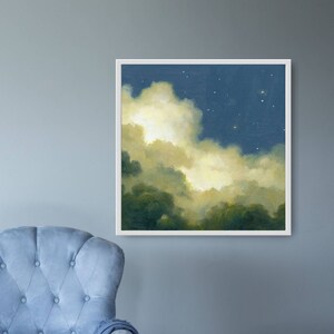 May include: A painting of a night sky with fluffy white clouds and a few stars. The clouds are illuminated from below, creating a soft glow. The sky is a deep blue.