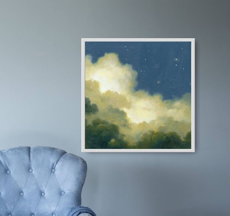 May include: A painting of a night sky with fluffy white clouds and a few stars. The clouds are illuminated from below, creating a soft glow. The sky is a deep blue.