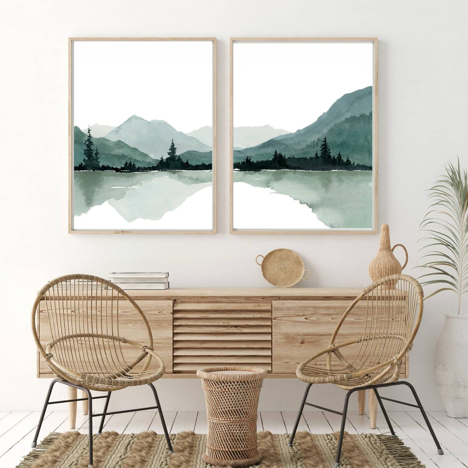 Set of 2 Mountain Lake Watercolor Large Minimalist Art Print - Etsy