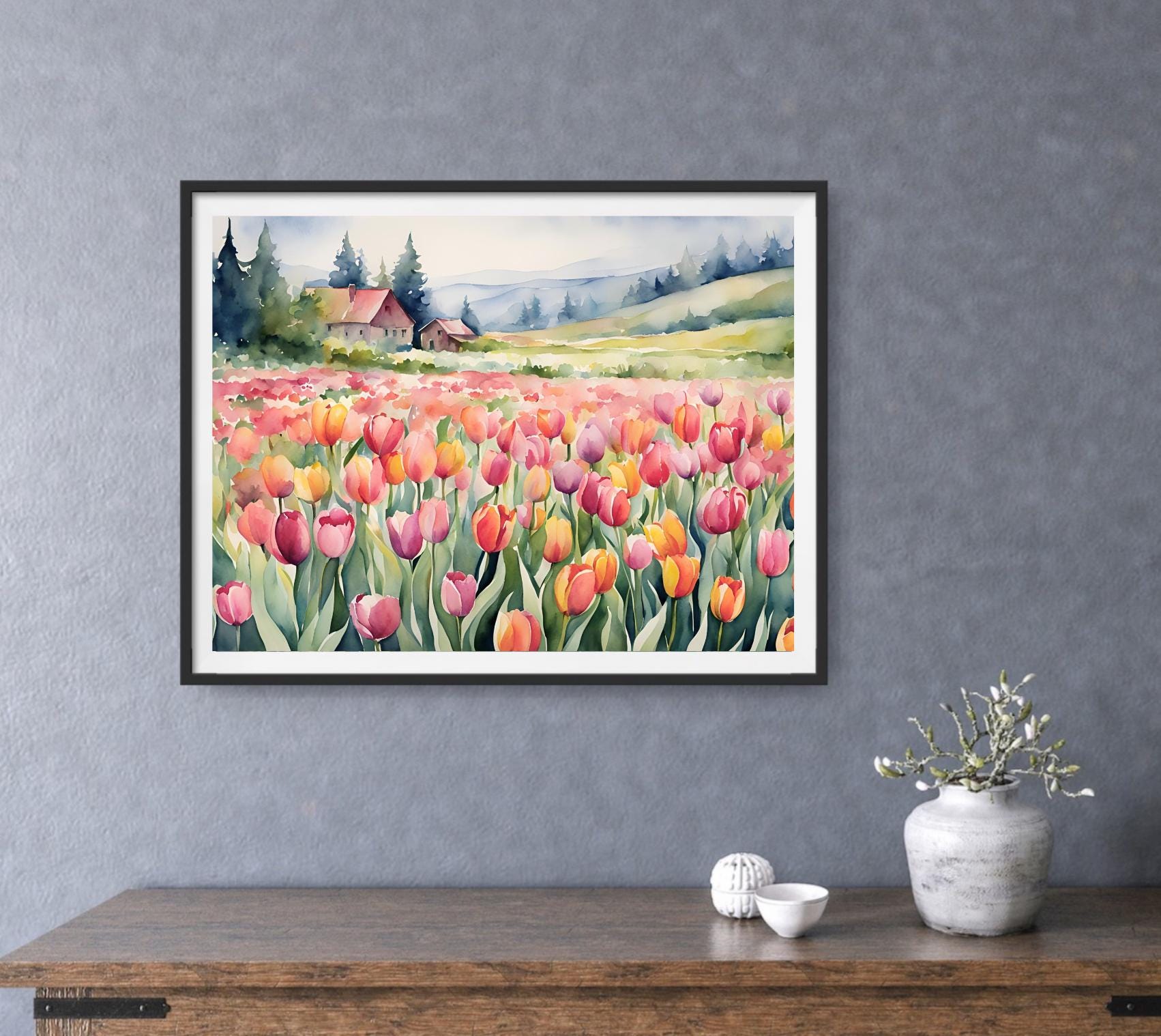 チューリップ畑の風景画アートプリント写真春の水彩画森の小屋カラフル