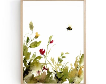 Wildflowers poster watercolor painting bee field flowers abstract landscape fine art print large wall art flower meadow art floral wall art
