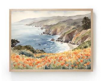 Kalifornien Küste Landschaft große Wandkunst Aquarell Malerei Kunstdruck Big Sur Poster