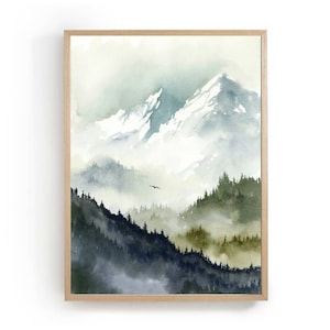 Foggy mountains art print teal forest landscape painting large watercolor print 24x36 misty forest large wall art indigo blue sage green art