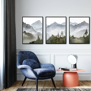 Blue mountain wall art set Mountain forest art prints Panoramic landscape Watercolor painting print 3 piece Minimalist wall decor image 4