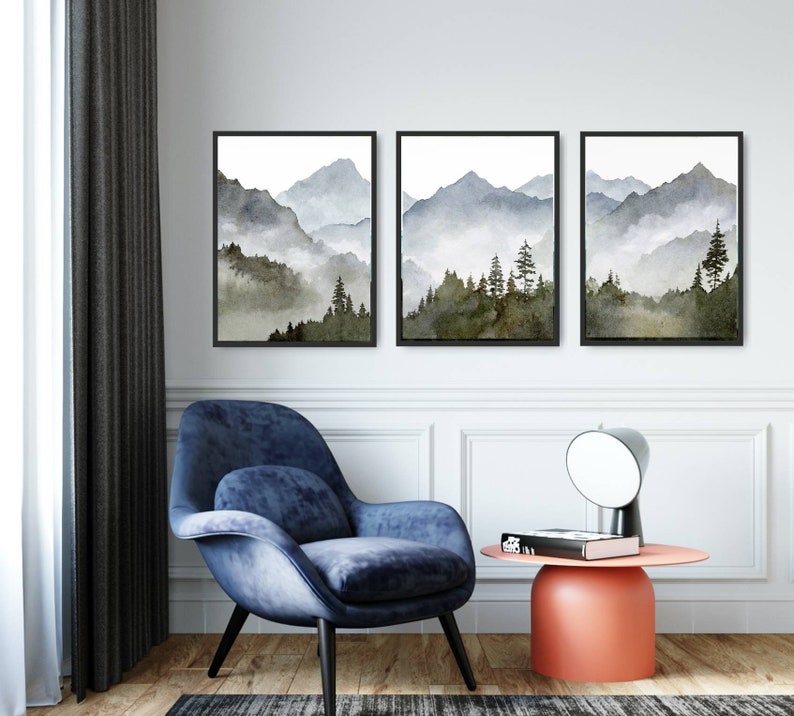 Blue mountain wall art set Mountain forest art prints Panoramic landscape Watercolor painting print 3 piece Minimalist wall decor image 4