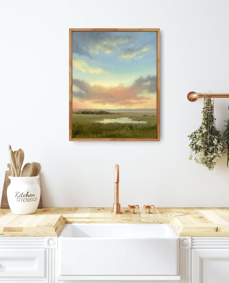 Oil painting sunset fine art print sunset field wall art small landscape cloud painting cloudy sky print countryside landscape image 7