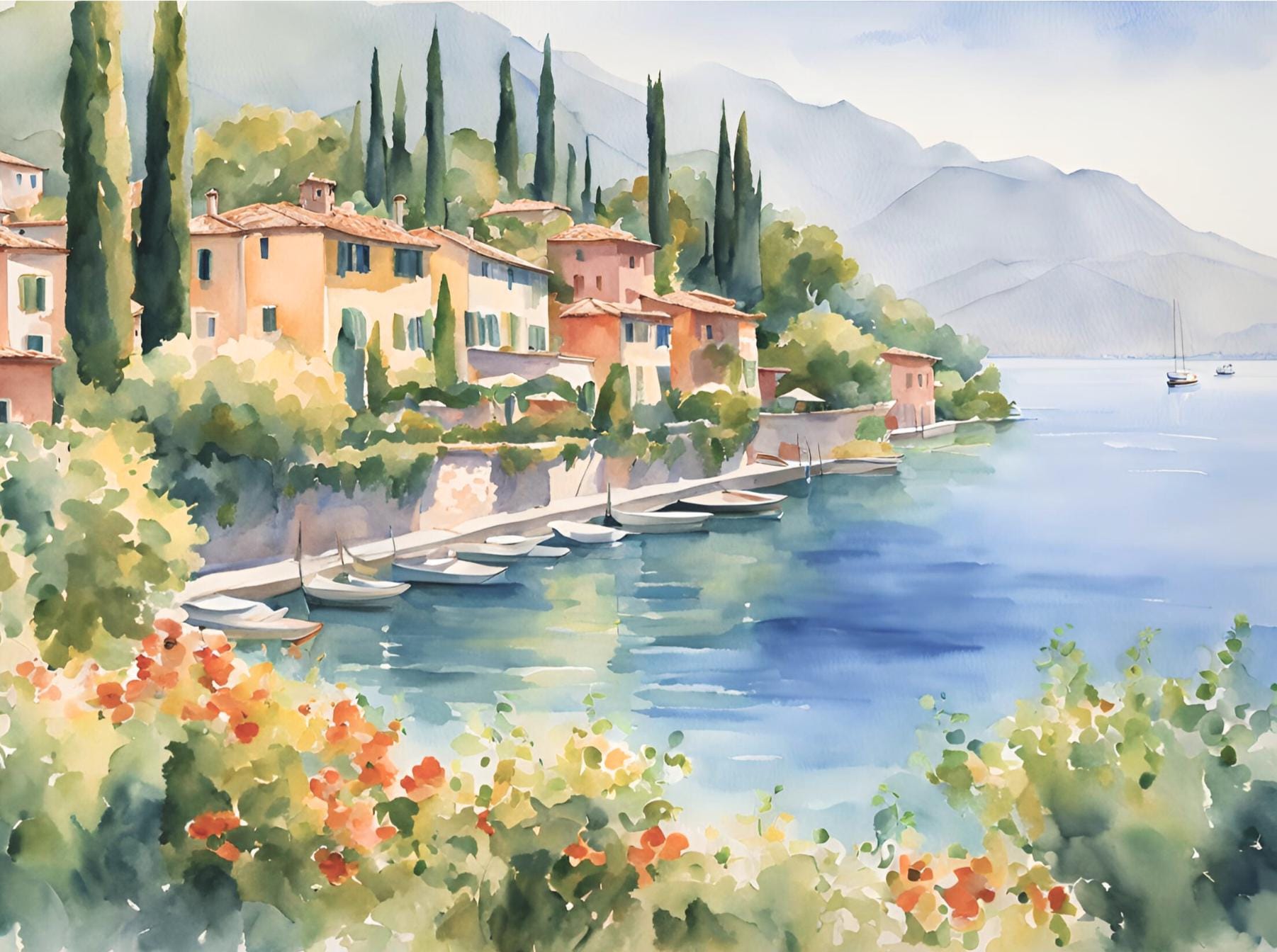 Lake Como Painting Italy Landscape Art Print Mountain Lake Watercolor ...