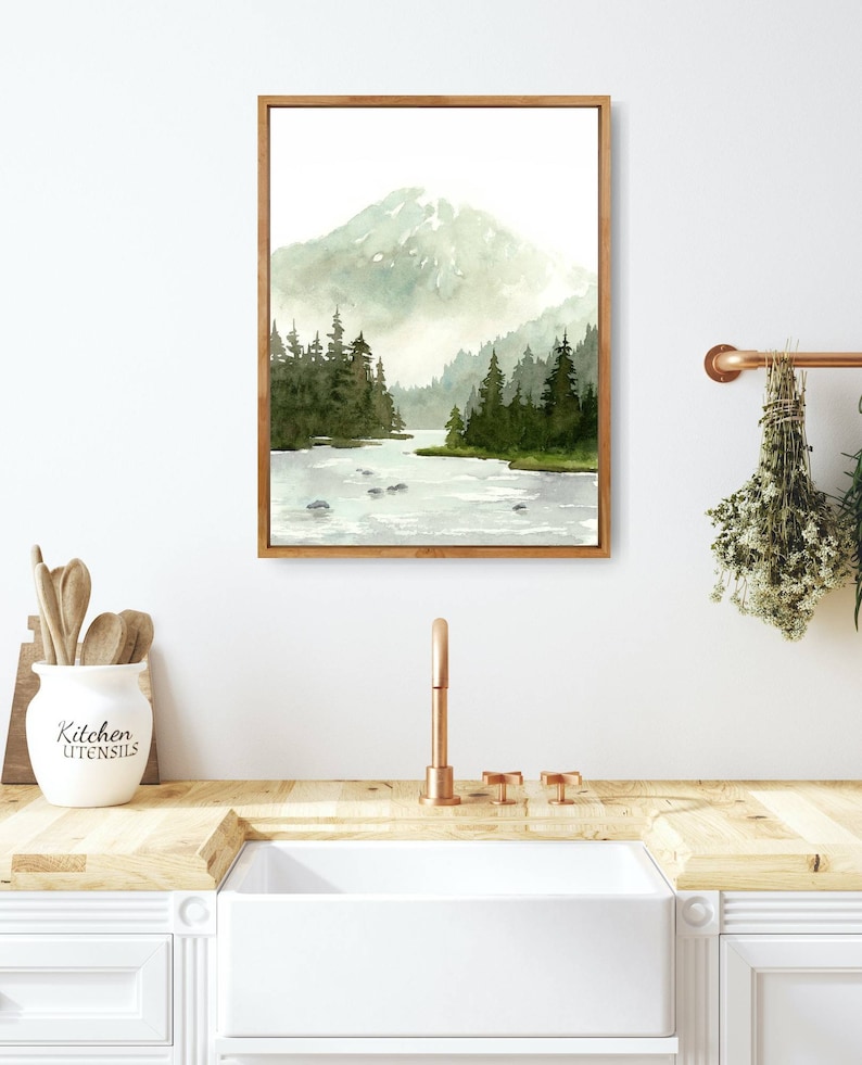 Mountain River Landscape Watercolor Painting Pine Tree Wall Art Neutral ...