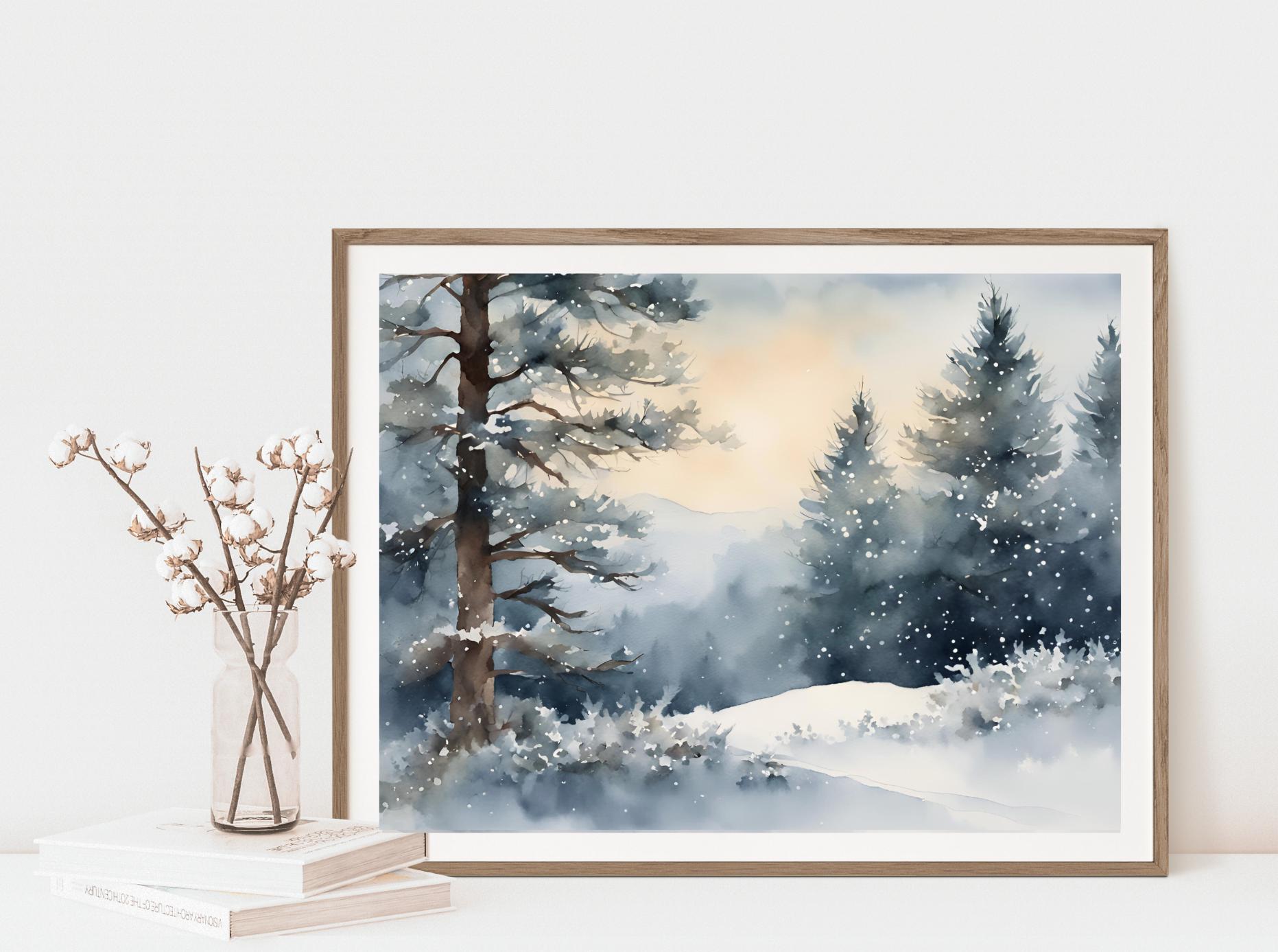 Snowy Pine Tree Print Mountain Forest Wall Art Winter Landscape ...