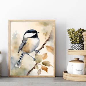 May include: Watercolor painting of a black-capped chickadee perched on a branch with fall leaves. The bird is painted in realistic detail with a soft, muted color palette.