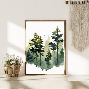 Pine Tree Wall Art Teal Forest Watercolor Painting Abstract Landscape ...
