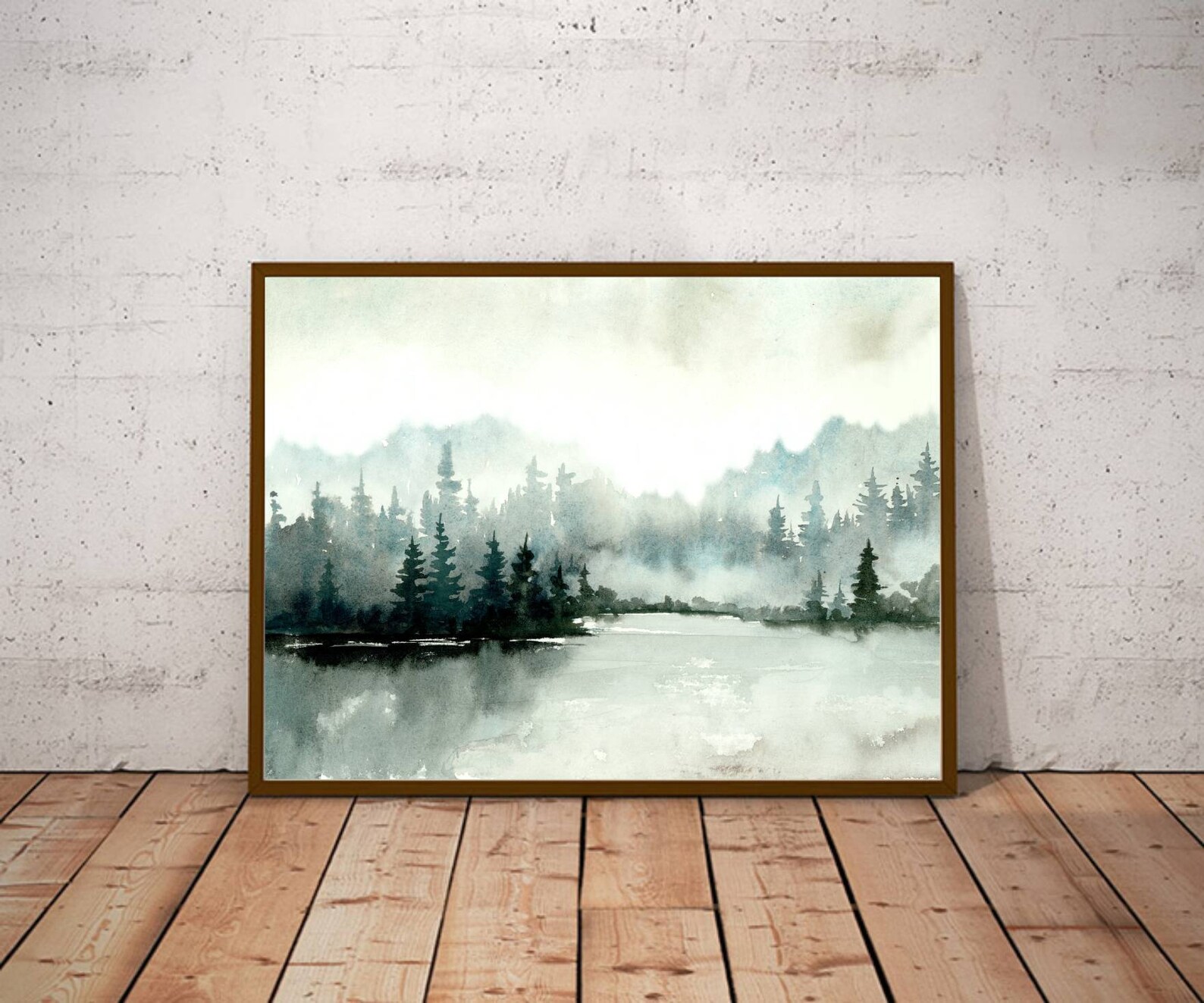 Forest Lake Print Watercolor Painting Neutral Landscape Teal - Etsy