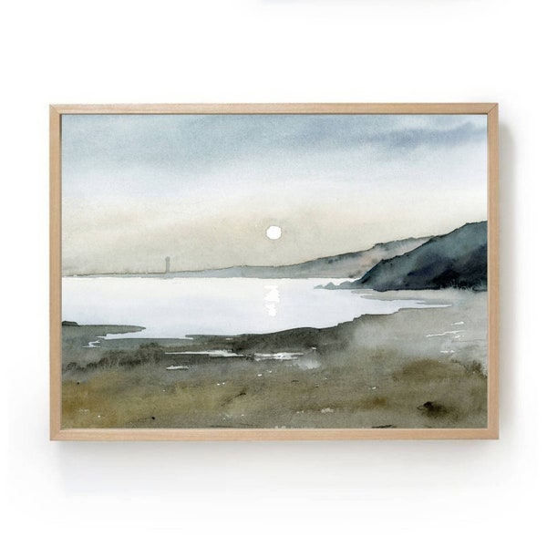 Seascape art abstrait aquarelle peintures sea art print images salon art moderne bleu beige paysage côte aquarelle horizontale