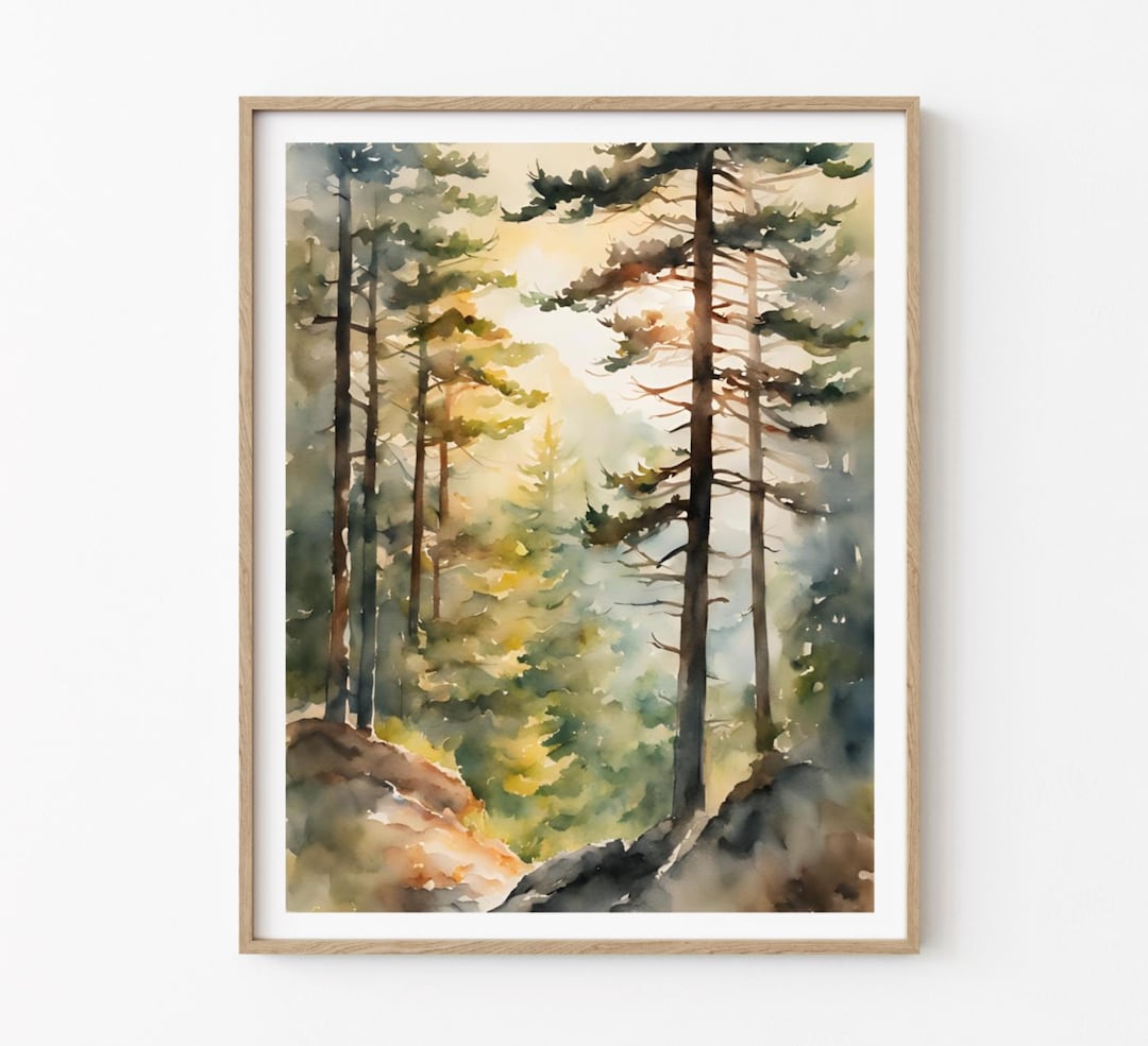 Pine Trees Painting Sunrise Forest Art Print Watercolor Landscape Sunny ...