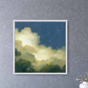 May include: A painting of a night sky with clouds and stars. The clouds are a light yellow and the sky is a dark blue. The stars are white.