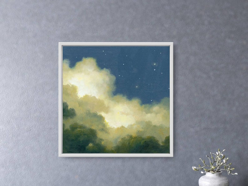 May include: A painting of a night sky with clouds and stars. The clouds are a light yellow and the sky is a dark blue. The stars are white.