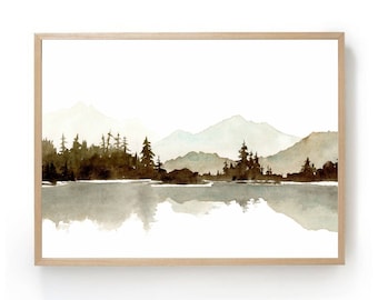 Mountain lake print pine forest wall art pine tree painting watercolor painting neutral landscape beige brown panoramic landscape wall decor