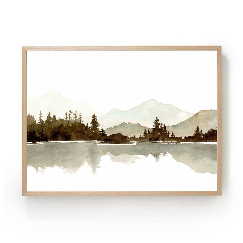May include: Watercolour painting of a mountain range with a lake in the foreground. The mountains are painted in shades of blue and green, and the lake is a light blue. The trees are painted in shades of brown and green.