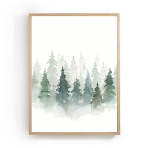 Pine tree print watercolor painting pine forest large wall art foggy forest print abstract landscape painting winter wall decor neutral art