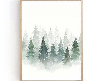 Pine tree print watercolor painting pine forest large wall art foggy forest print abstract landscape painting winter wall decor neutral art