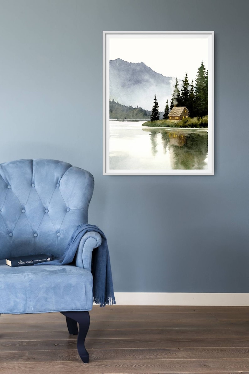 Forest Cabin Painting Mountain Lake Print Canada Landscape Watercolor ...