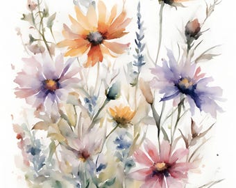 花と風景のアートプリント 野花の絵画 春の花 水彩画 アートプリント 花畑 壁アート 風景画 草原