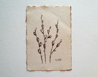 Original drawing Pussywillow ink sketch vintage look wall art miniature art pussy willow spring tree drawing french decor