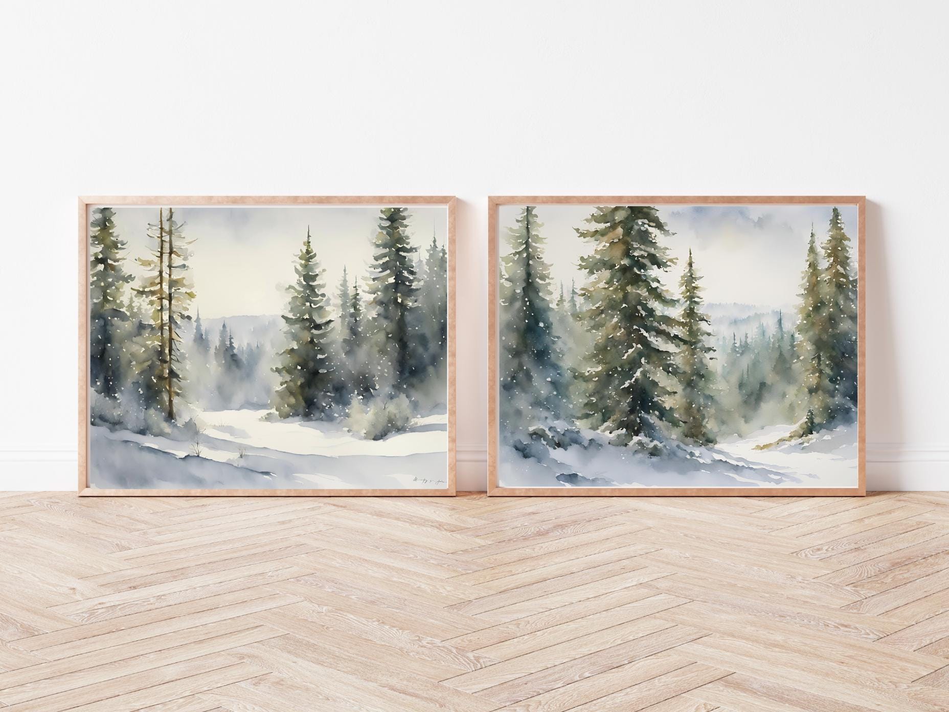 冬の風景、雪、モミの木、山、森、オリジナル水彩画のプリント