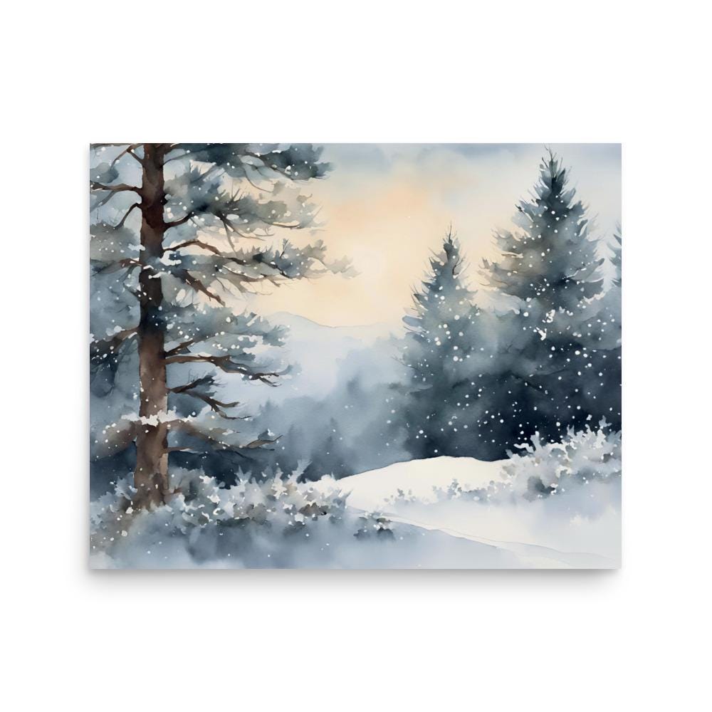 Snowy Pine Tree Print Mountain Forest Wall Art Winter Landscape ...