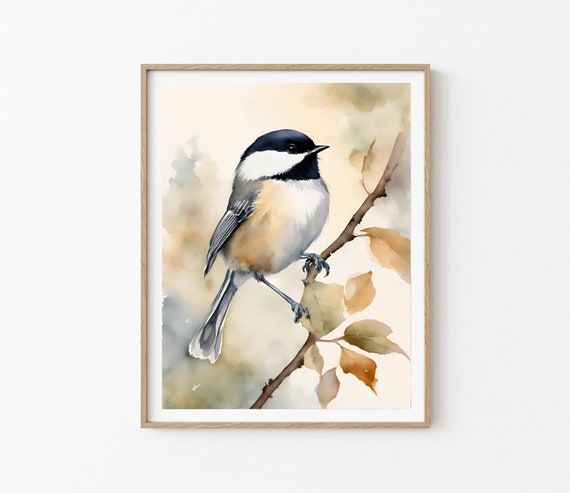 Meise Aquarellbild Vogel Malerei abstrakte Kunst Poster Baum Ast Natur Bilder Herbst Deko große Wandkunst beige