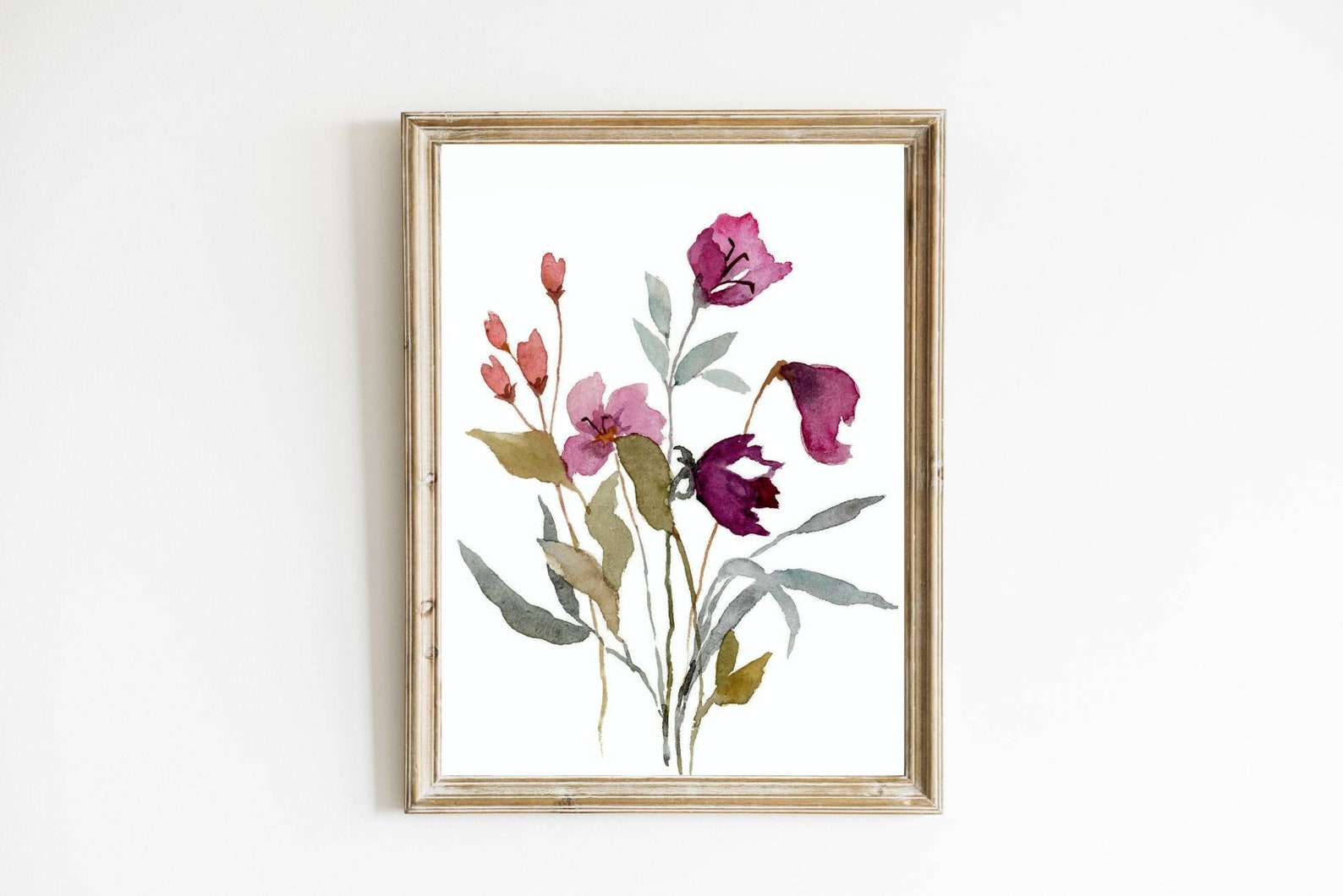 Large Floral Wall Art Set of 2 Wildflowers Watercolor Painting Pink ...
