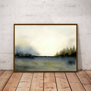Misty forest print watercolor pine tree wall art watercolor landscape painting large neutral wall decor dark forest painting blue beige image 8