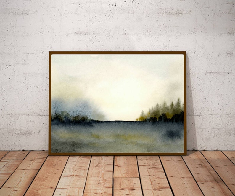 Misty forest print watercolor pine tree wall art watercolor landscape painting large neutral wall decor dark forest painting blue beige image 8