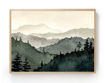 Mountain painting minimalist wall art panoramic landscape watercolor art print mountain forest wall art pine tree art sage green wall decor