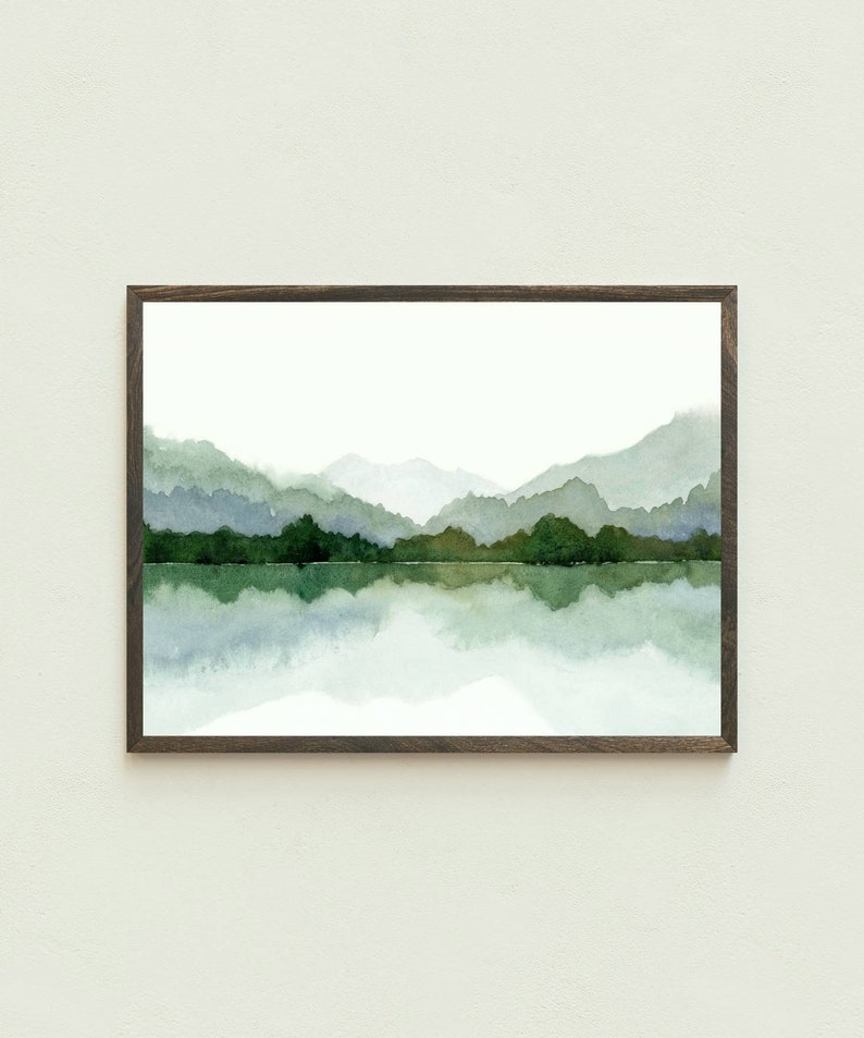 Forest Lake Wall Art Panoramic Landscape Blue Green Lake Watercolor ...