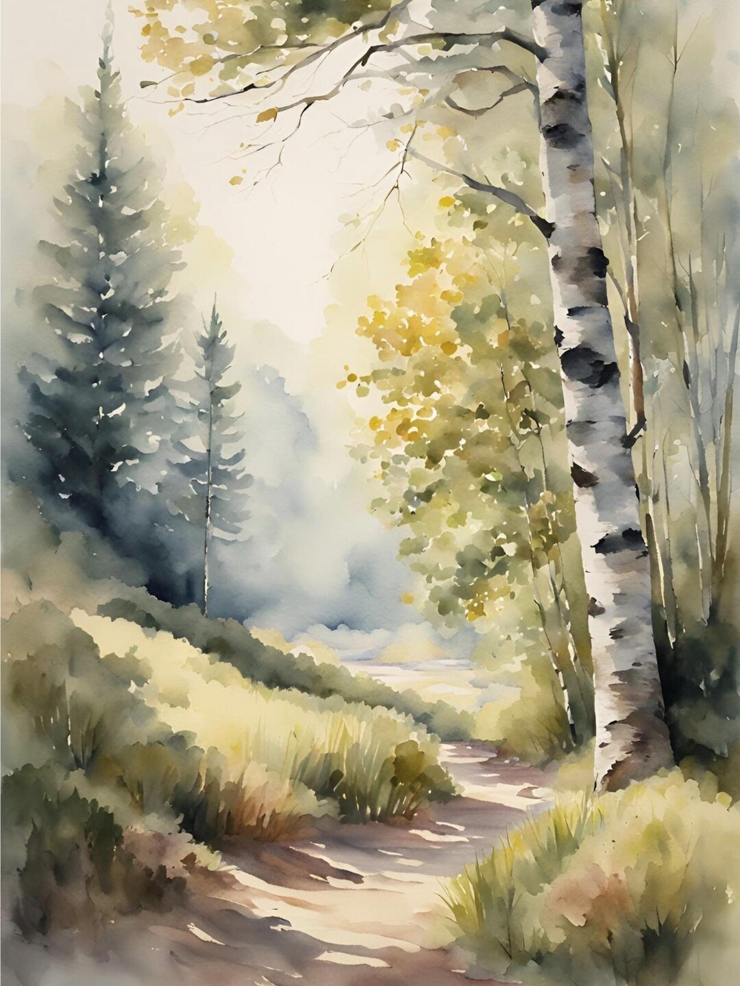 Aspen Tree Painting Forest Path Art Print Birch Tree Watercolor ...