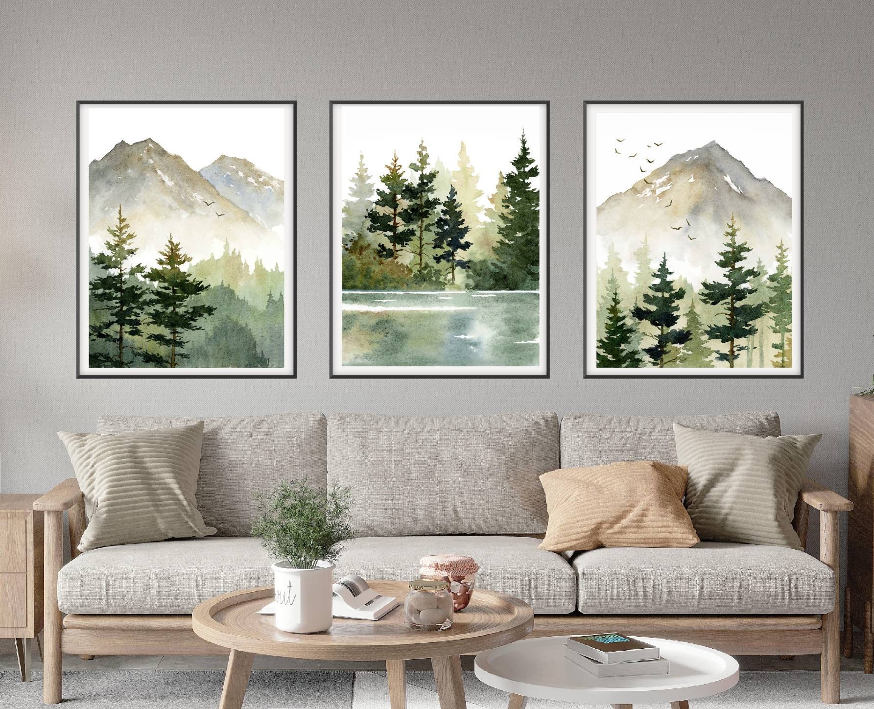 Wall Art Set of 3 Mountain Forest Large Art Prints Pine Tree Painting ...