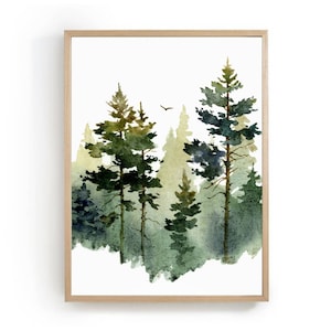 Abstrakte Landschaft Fichten Aquarellbilder Druck Wald Bilder Wohnzimmer minimalistische Kunst große Wandposter grün beige