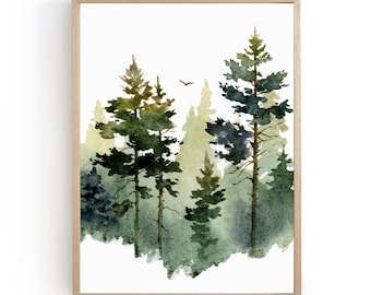 Pine tree wall art teal forest watercolor painting abstract landscape minimalist wall art pine forest art prints national park art