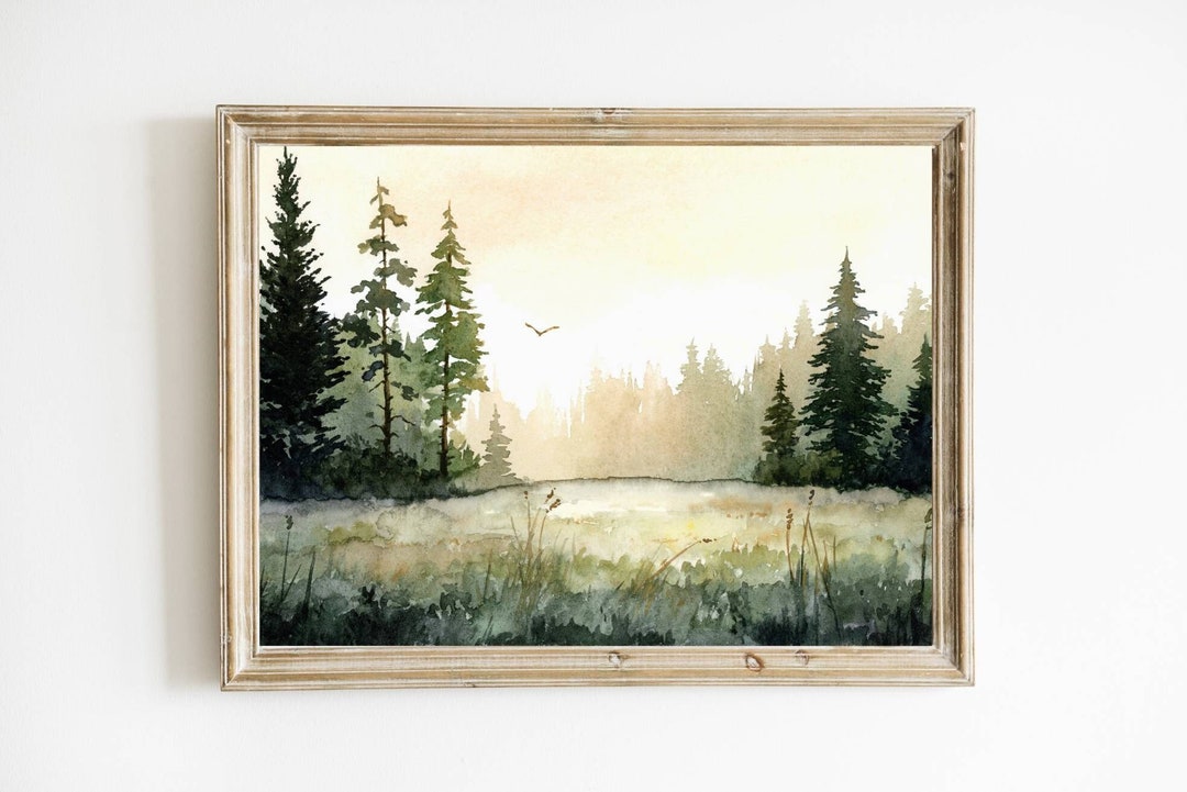 Sunrise Forest Wall Art Pine Tree Watercolor Painting Print - Etsy