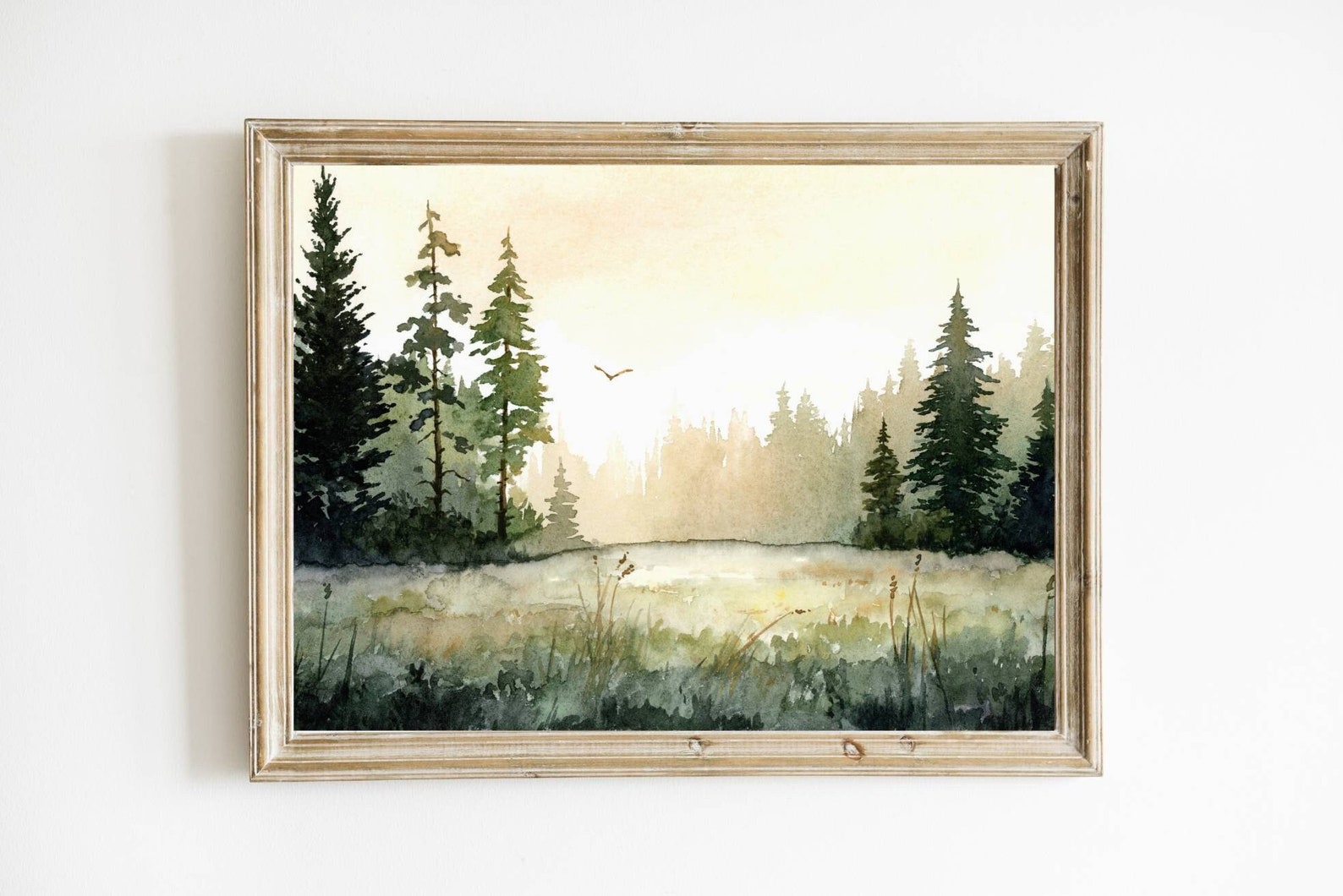 Sunrise Forest Wall Art Pine Tree Watercolor Painting Print Large ...