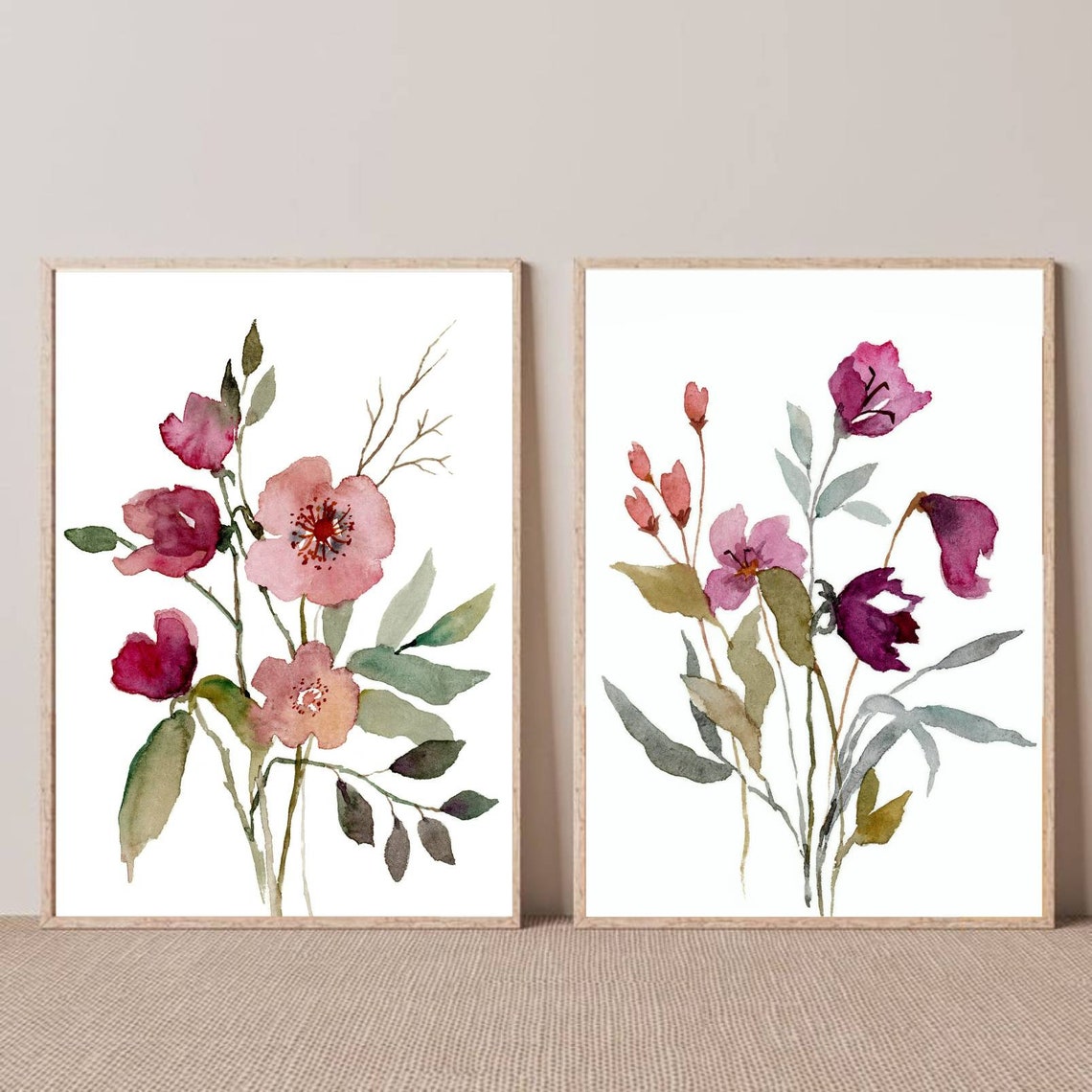 Large Floral Wall Art Set of 2 Wildflowers Watercolor Painting Etsy